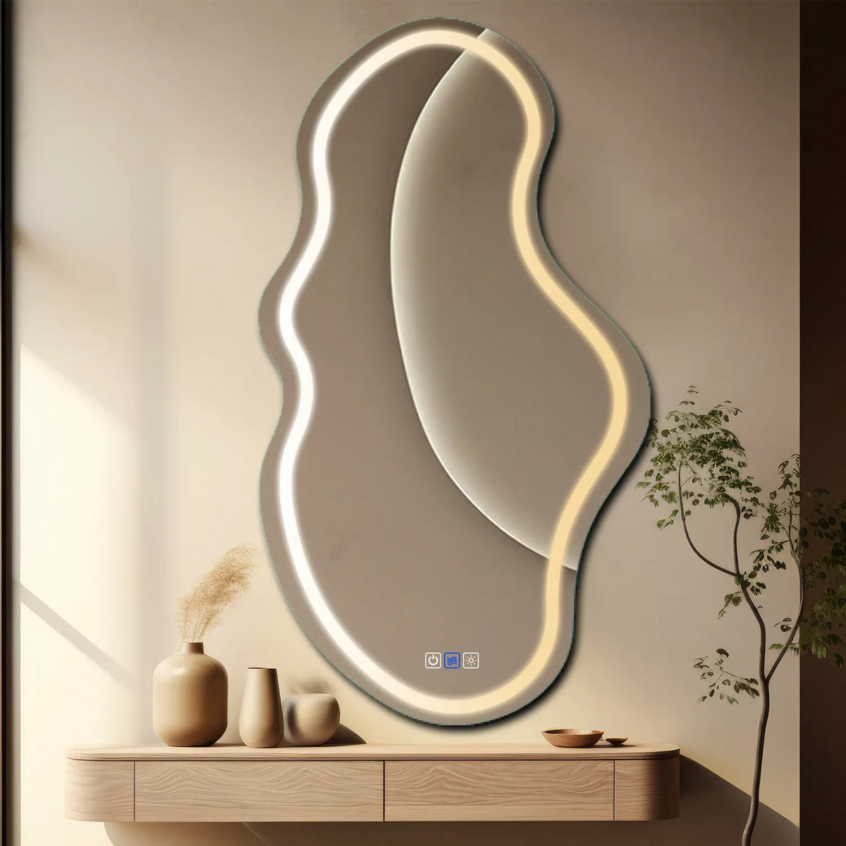 Miroir LED Asymétrique 2 | boutons tactiles | Fonction Anti-Buée | Température de couleur réglable - Reyze Série Salono Modèle 1 - Vertical
