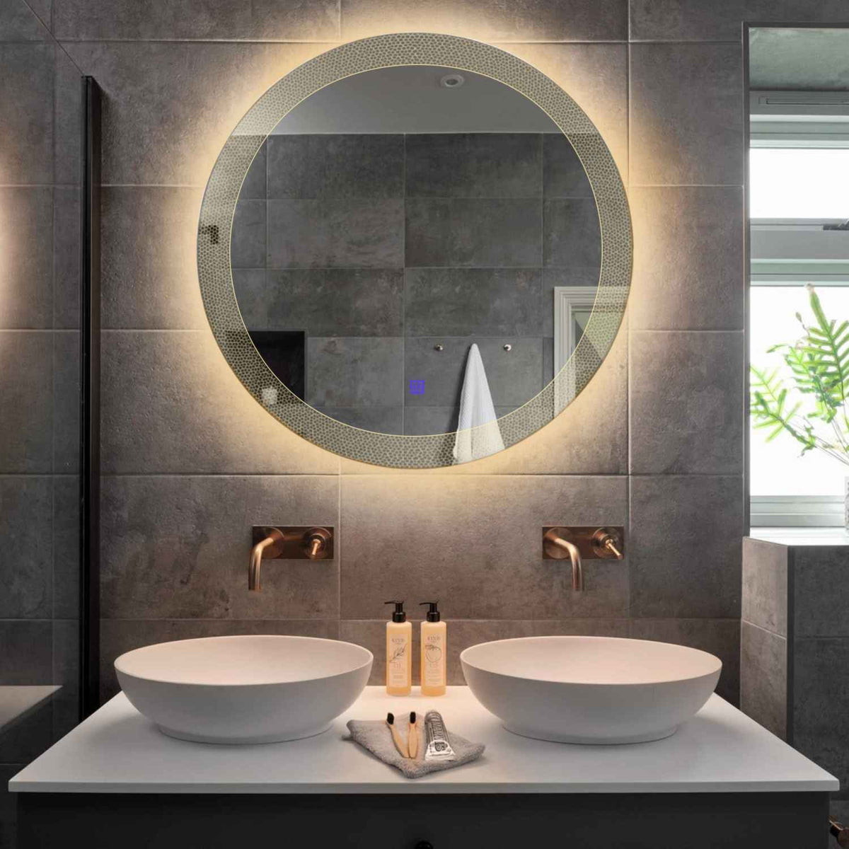 Miroir LED Rond | Bouton Tactile | Lumière Blanche Chaude - Reyze Série Simetria Modèle 4