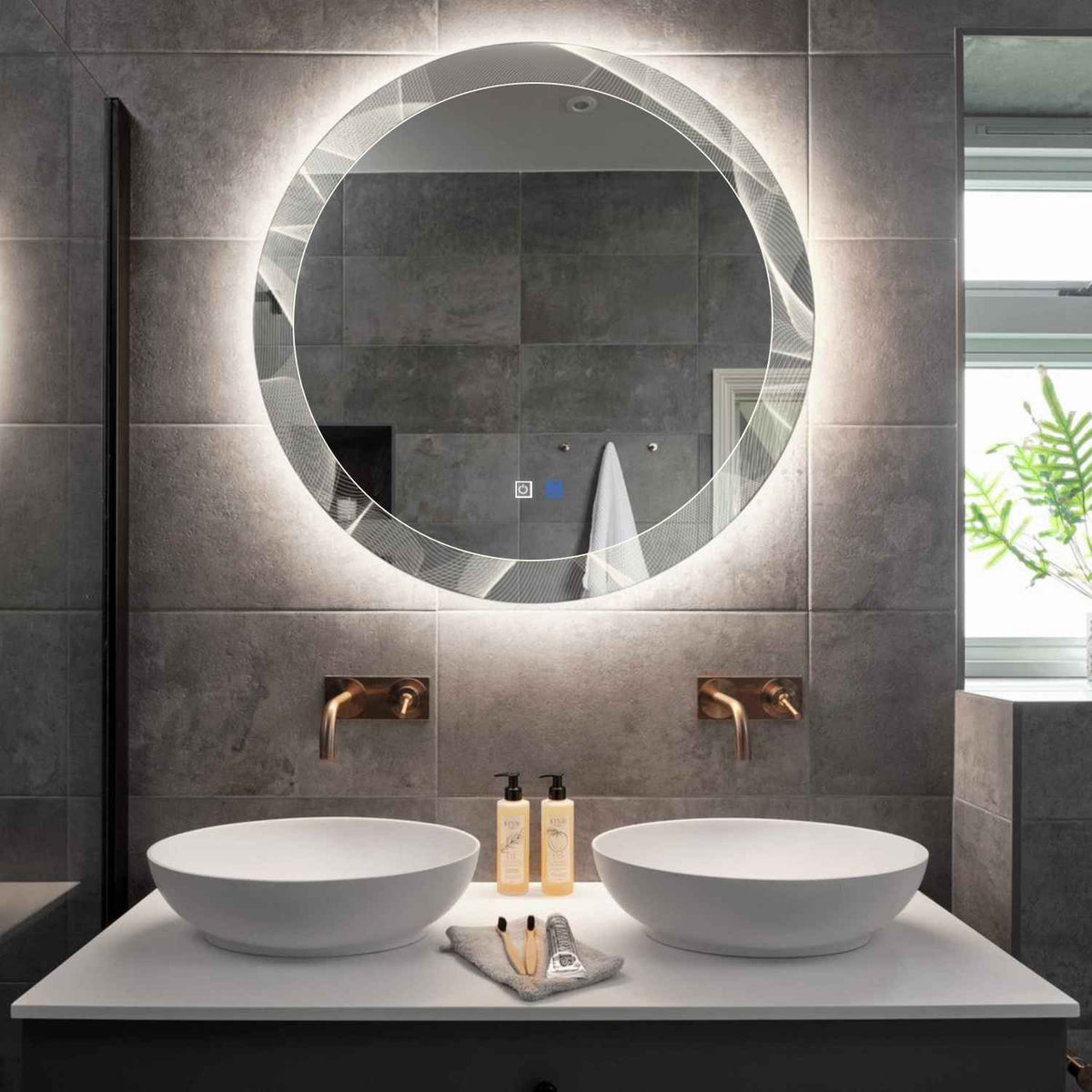 Miroir LED Rond | boutons tactiles | Fonction Anti-Buée | Lumière blanche neutre - Reyze Série Simetria Modèle 2