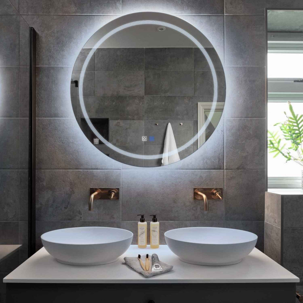 Miroir LED Rond | boutons tactiles | Fonction Anti-Buée | Lumière blanche froide - Reyze Série Minimal Modèle 1