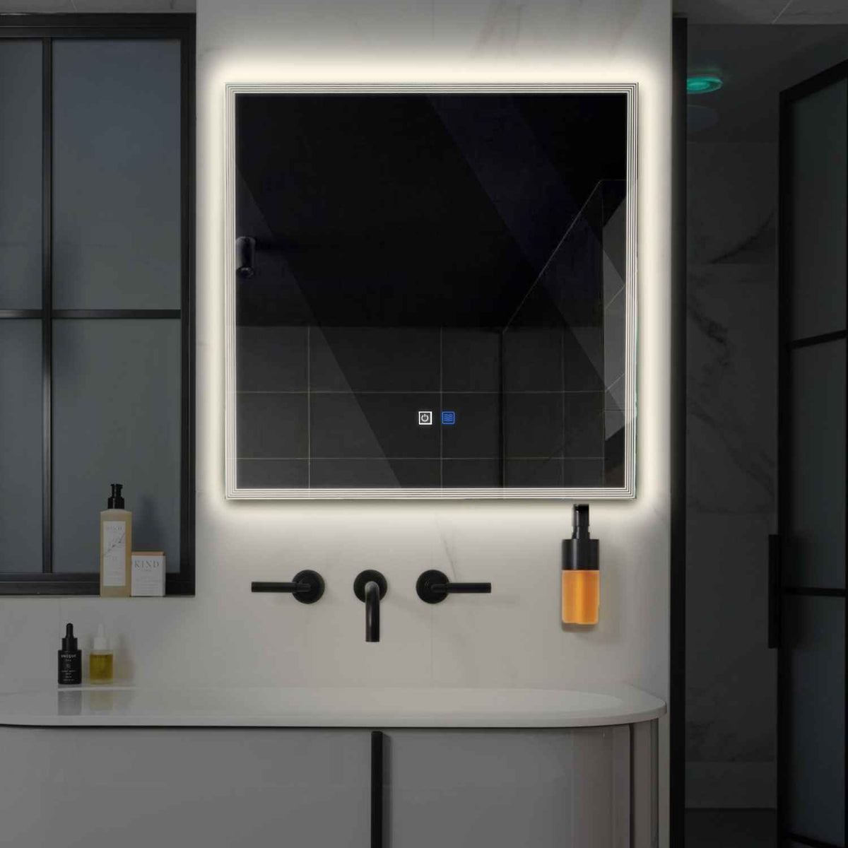 Miroir LED Carré | boutons tactiles | Fonction Anti-Buée | Lumière blanche neutre - Reyze Série Edge Modèle 1