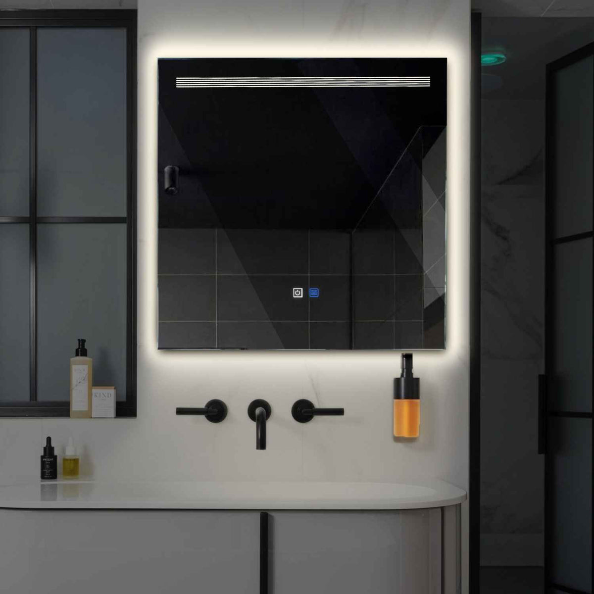 Miroir LED Carré | boutons tactiles | Fonction Anti-Buée | Lumière blanche neutre - Reyze Série Minimal Modèle 5