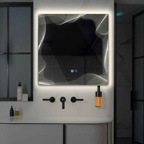 Miroir LED Carré | boutons tactiles | Fonction Anti-Buée | Lumière blanche neutre - Reyze Série Simetria Modèle 3