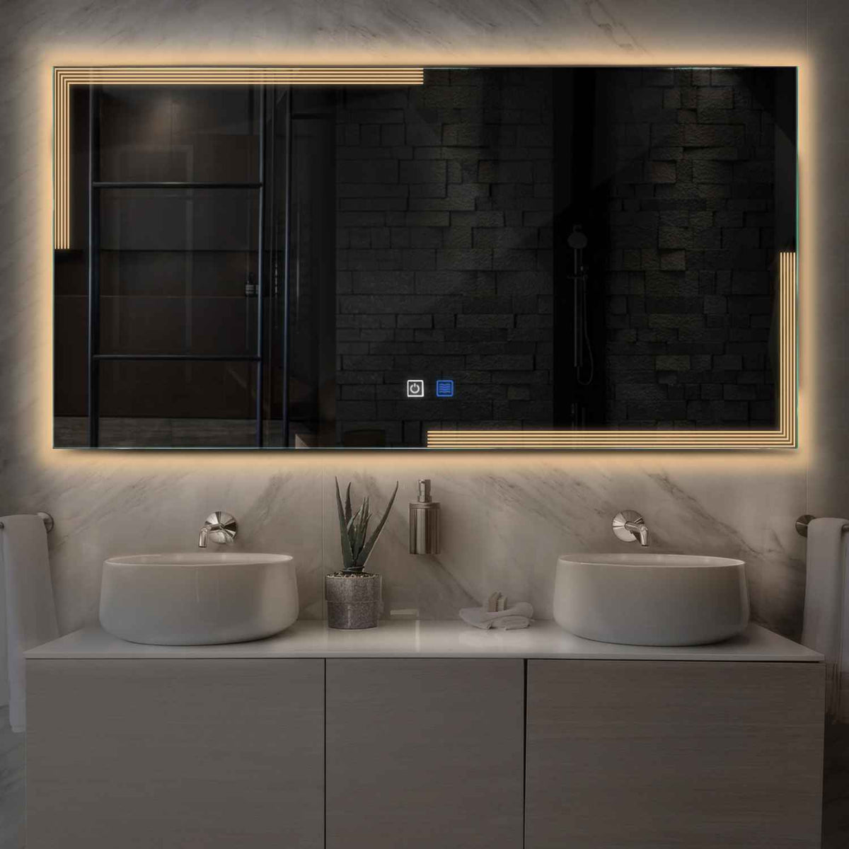 Miroir LED Horizontal | boutons tactiles | Fonction Anti-Buée | Lumière Blanche Chaude - Reyze Série Edge Modèle 2