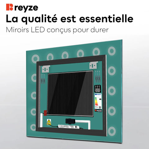 Miroir LED Carré | boutons tactiles | Fonction Anti-Buée | Lumière blanche neutre - Reyze Série Minimal Modèle 4