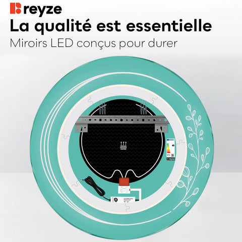 Miroir LED Rond | boutons tactiles | Fonction Anti-Buée | Lumière blanche froide - Reyze Série Good Vibes Modèle 3