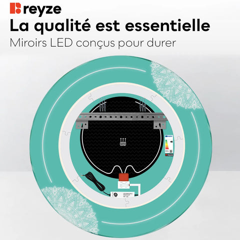 Miroir LED Rond | boutons tactiles | Fonction Anti-Buée | Lumière Blanche Chaude - Reyze Série Good Vibes Modèle 7