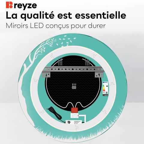 Miroir LED Rond | boutons tactiles | Fonction Anti-Buée | Lumière Blanche Chaude - Reyze Série Good Vibes Modèle 8