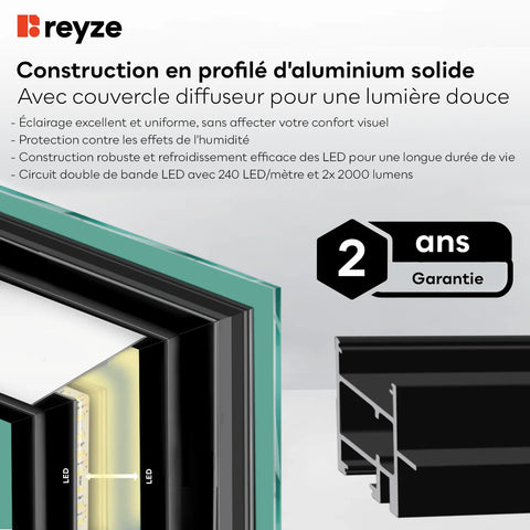 Miroir LED Horizontal | Bouton Tactile | Lumière blanche froide - Reyze Série Salono Modèle 8